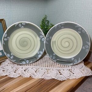 Villa Romana Italy Hand Painted Ceramic Bowls Sage Green Spiral Set of 2 9.5in
